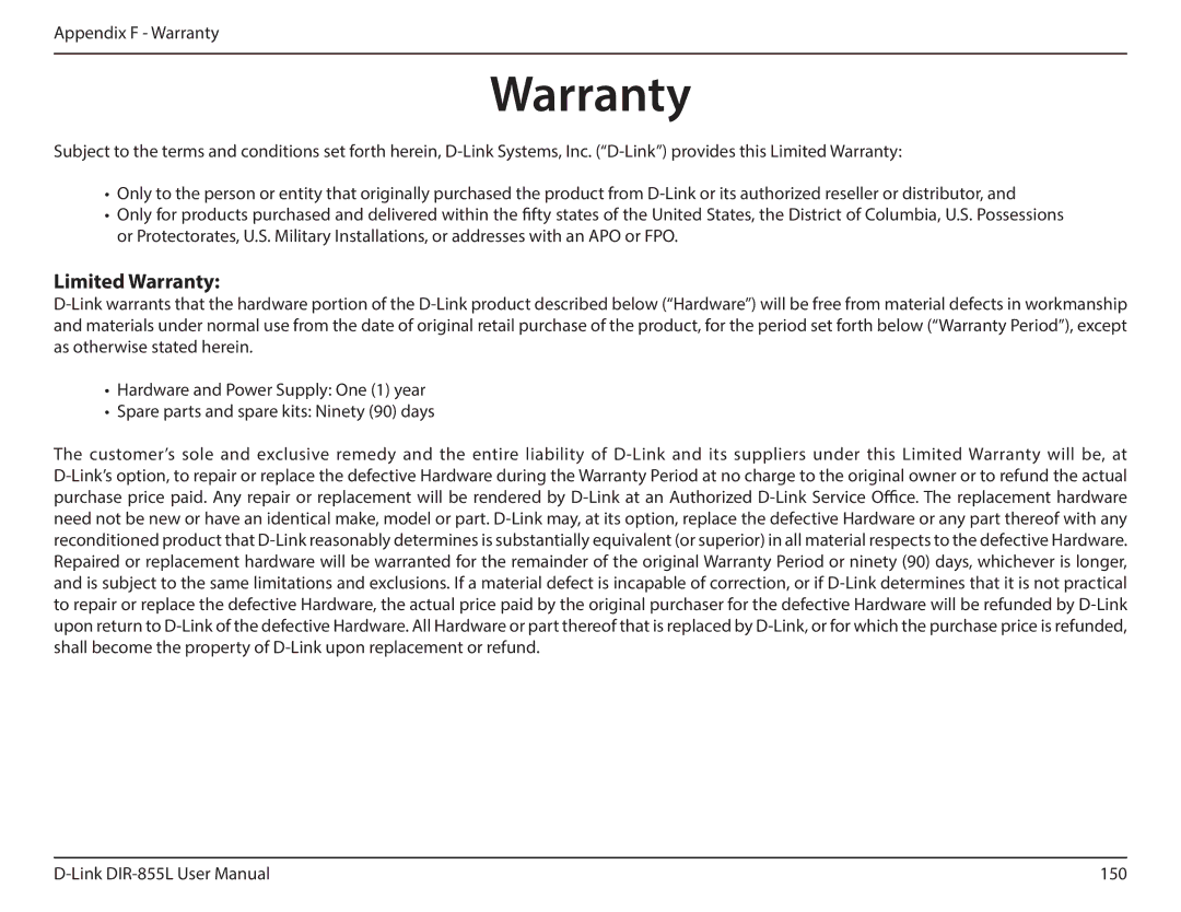 D-Link DIR855L manual Limited Warranty 