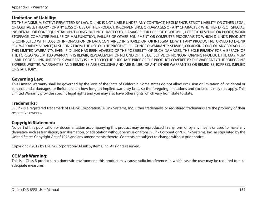 D-Link DIR855L manual Limitation of Liability, Governing Law, Trademarks, Copyright Statement, CE Mark Warning 