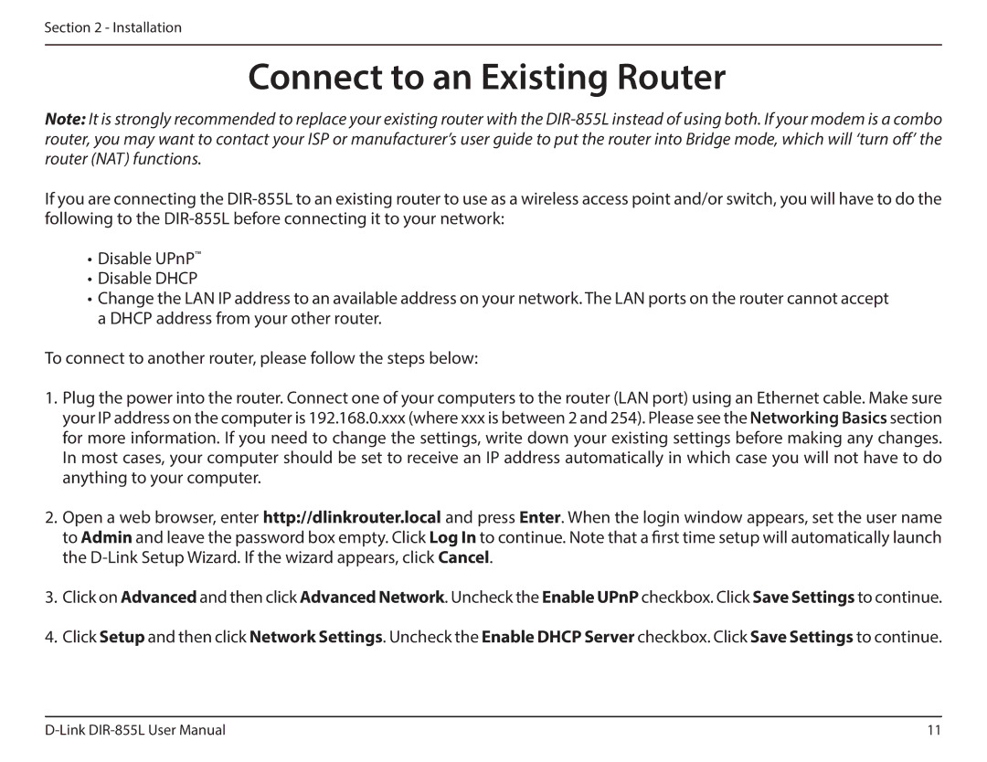 D-Link DIR855L manual Connect to an Existing Router 