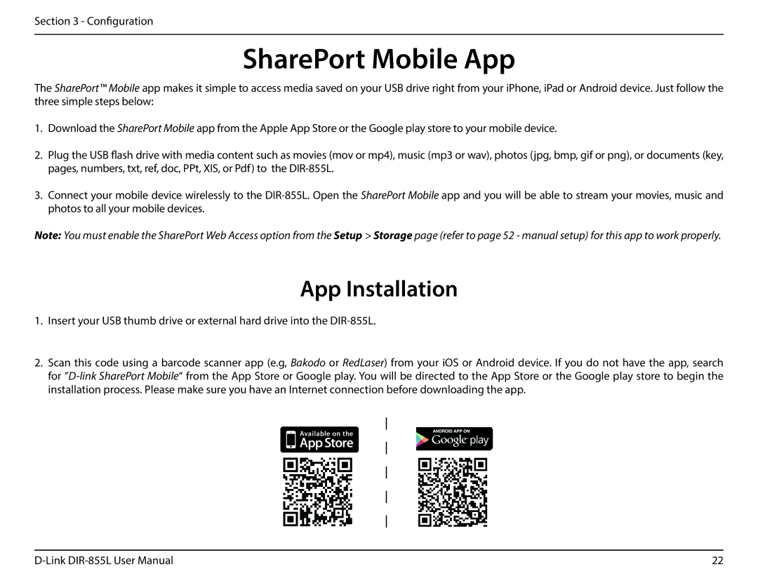 D-Link DIR855L manual SharePort Mobile App, App Installation 