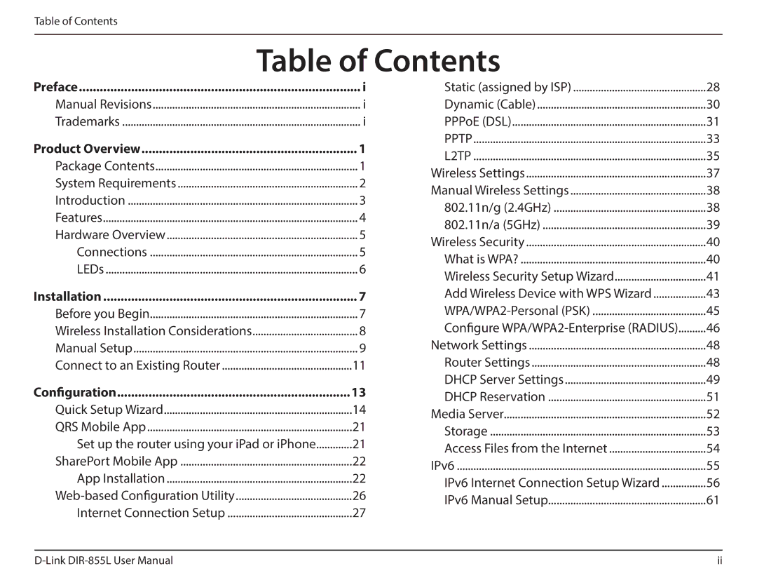 D-Link DIR855L manual Table of Contents 