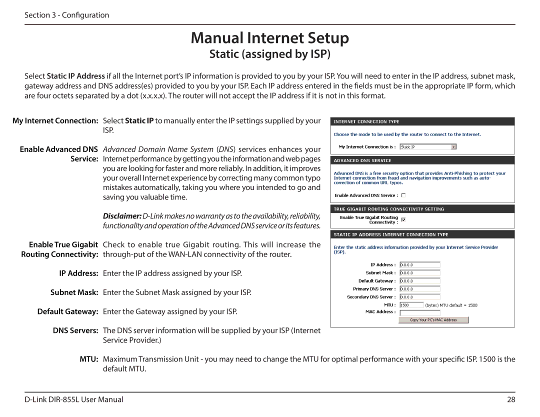 D-Link DIR855L manual Manual Internet Setup, Static assigned by ISP 