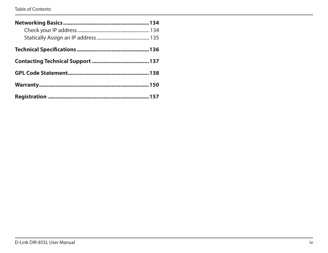 D-Link DIR855L manual Table of Contents Networking Basics, Check your IP address, Statically Assign an IP address, Warranty 