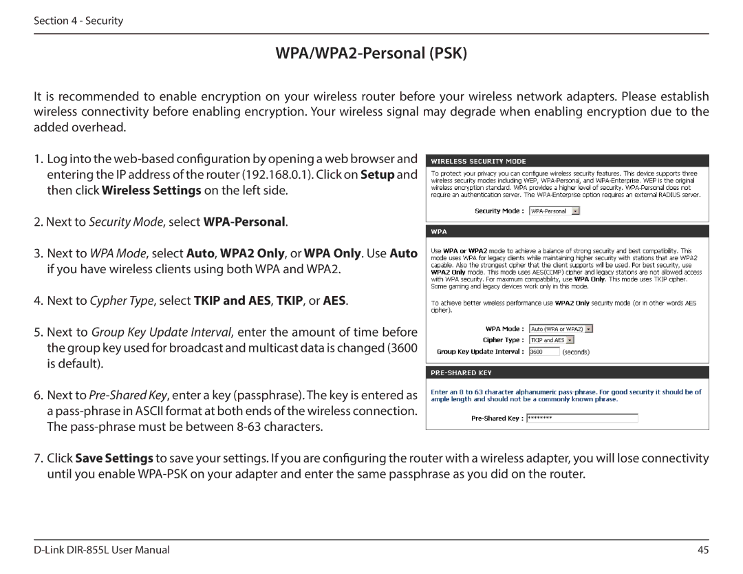 D-Link DIR855L manual WPA/WPA2-Personal PSK, Next to Security Mode, select WPA-Personal 