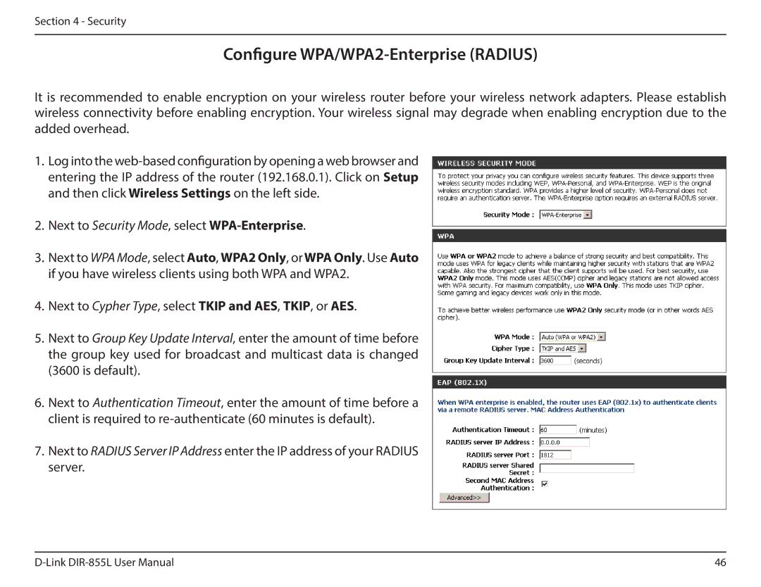 D-Link DIR855L manual Configure WPA/WPA2-Enterprise Radius, Next to Security Mode, select WPA-Enterprise 