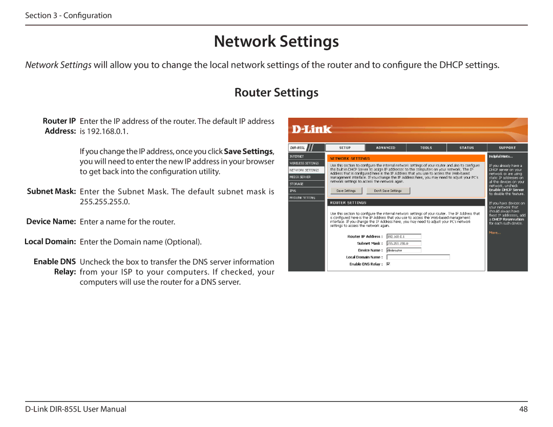 D-Link DIR855L manual Network Settings, Router Settings 