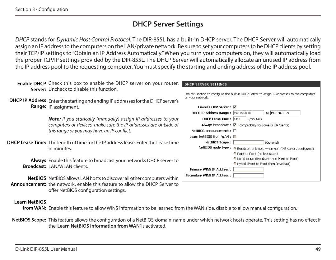 D-Link DIR855L manual Dhcp Server Settings, Learn NetBIOS 