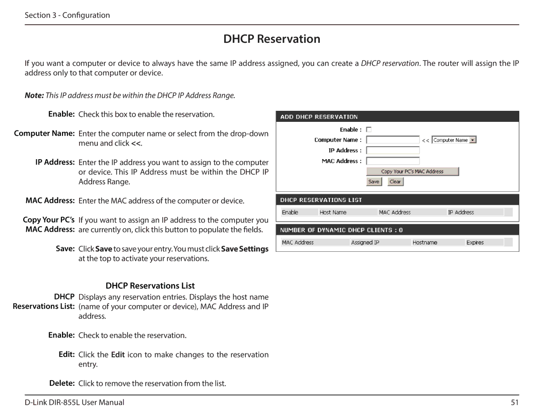 D-Link DIR855L manual Dhcp Reservations List 