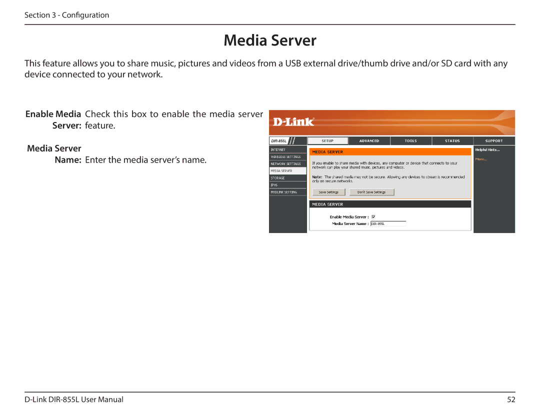 D-Link DIR855L manual Server feature Media Server 