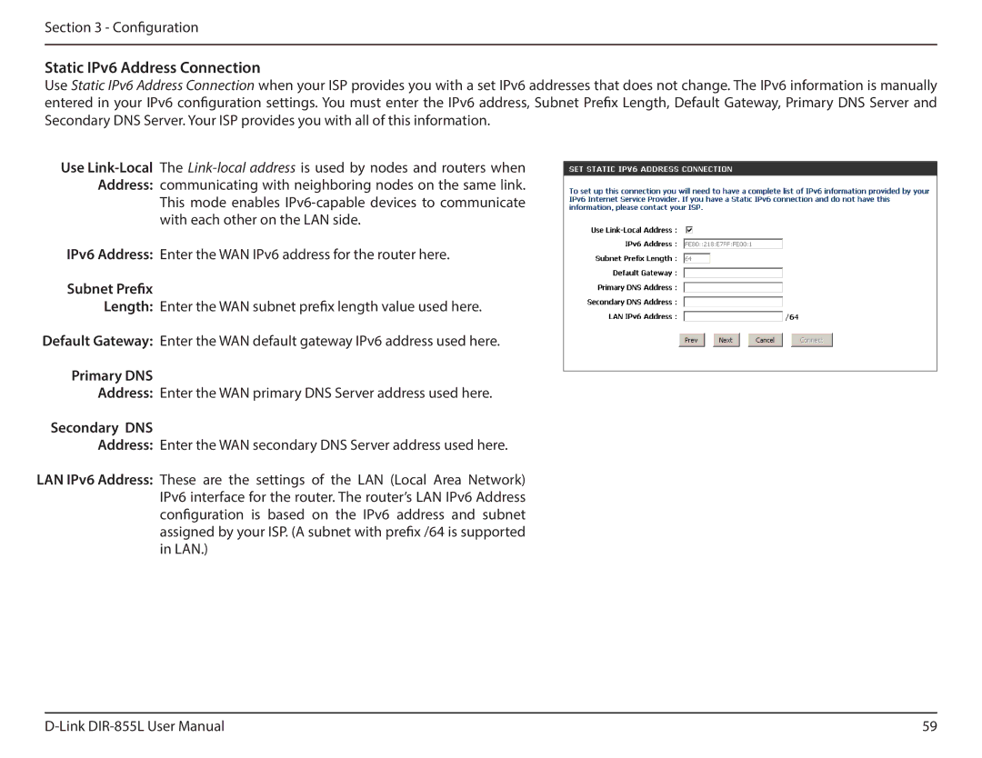 D-Link DIR855L manual Subnet Prefix, Primary DNS, Secondary DNS 