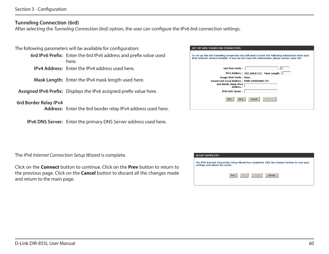 D-Link DIR855L manual Tunneling Connection 6rd, 6rd Border Relay IPv4 