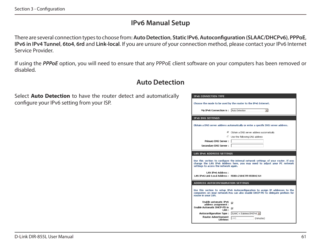 D-Link DIR855L manual IPv6 Manual Setup, Auto Detection 