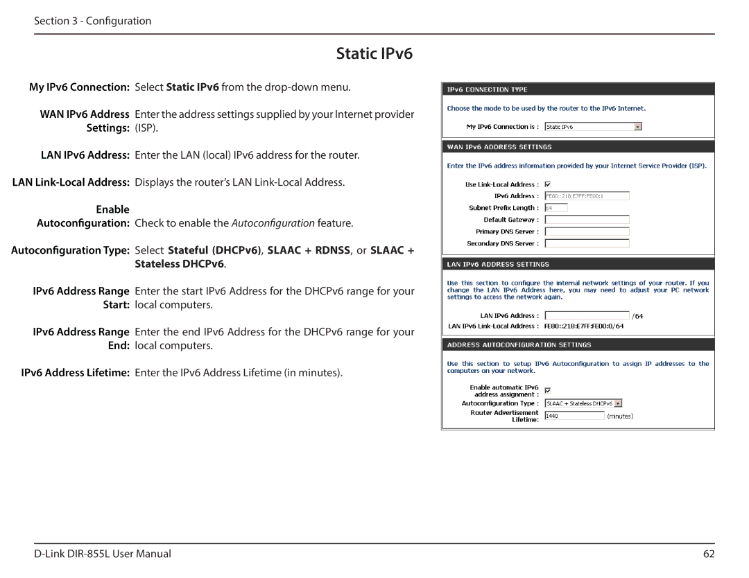 D-Link DIR855L manual Static IPv6, Enable 