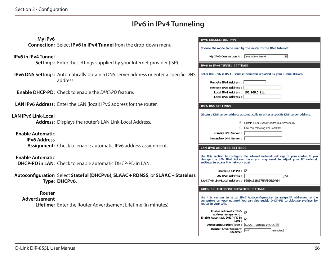 D-Link DIR855L manual IPv6 in IPv4 Tunneling, LAN IPv6 Link-Local, Enable Automatic IPv6 Address 