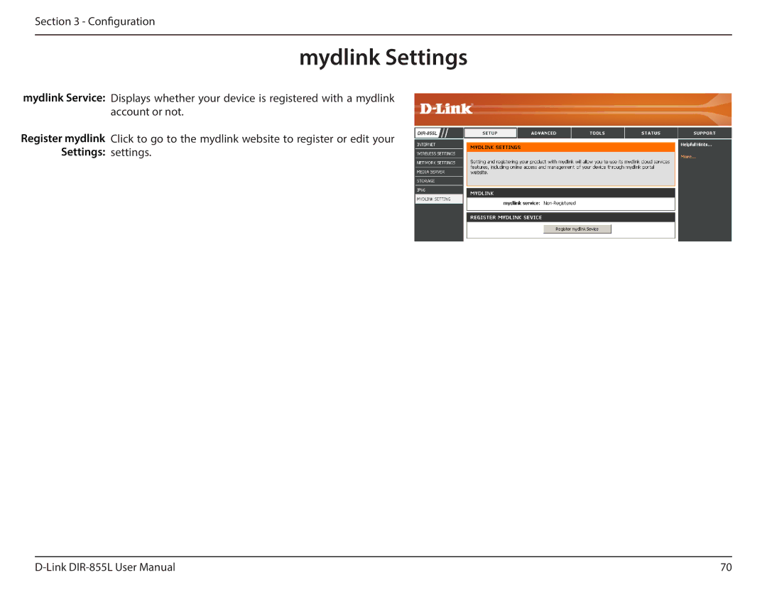 D-Link DIR855L manual Mydlink Settings 