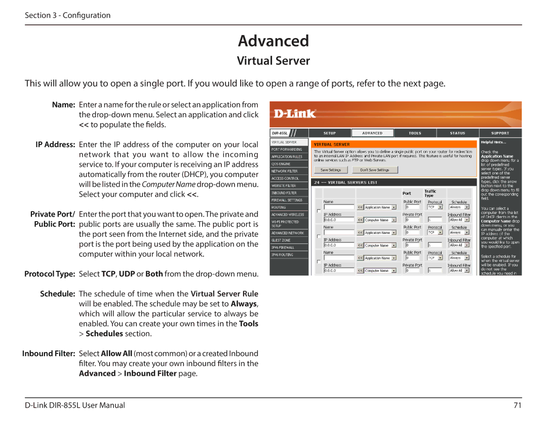 D-Link DIR855L manual Advanced, Virtual Server, Schedules section 