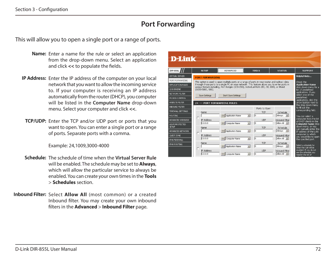 D-Link DIR855L manual Port Forwarding 