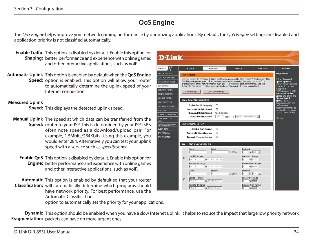 D-Link DIR855L manual QoS Engine, Measured Uplink 