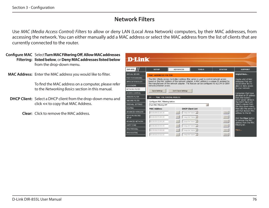 D-Link DIR855L manual Network Filters, Currently connected to the router 