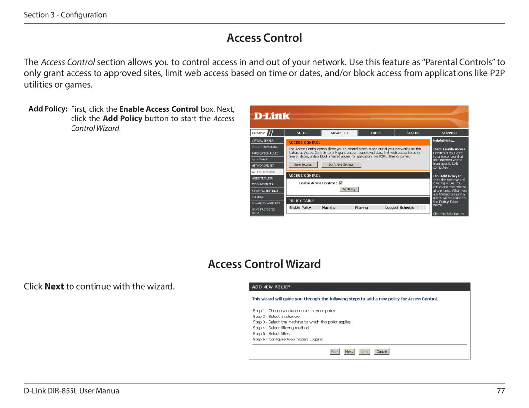 D-Link DIR855L manual Access Control Wizard 