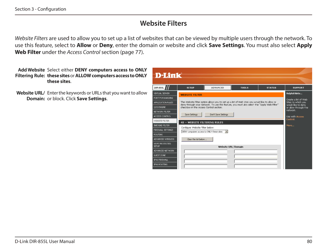 D-Link DIR855L manual Website Filters, These sites, Domain or block. Click Save Settings 