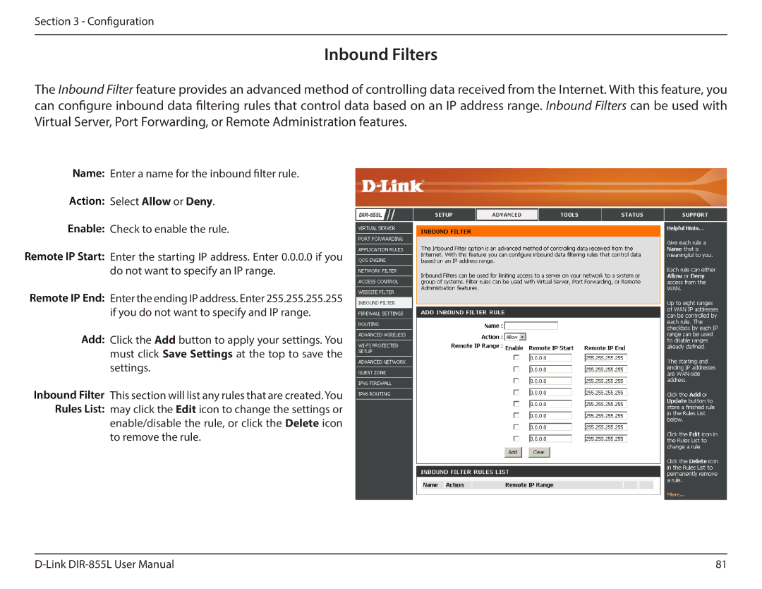 D-Link DIR855L manual Inbound Filters, Action Select Allow or Deny 