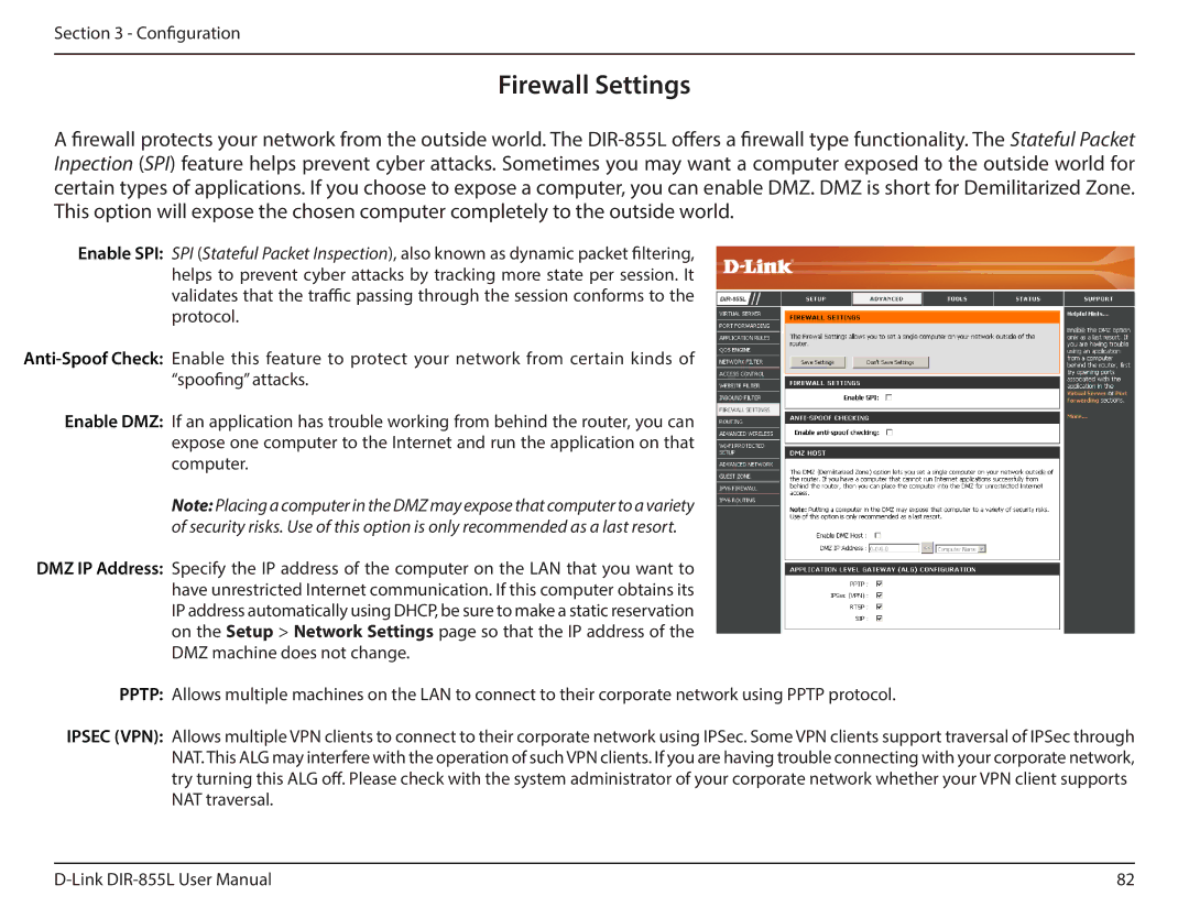 D-Link DIR855L manual Firewall Settings 