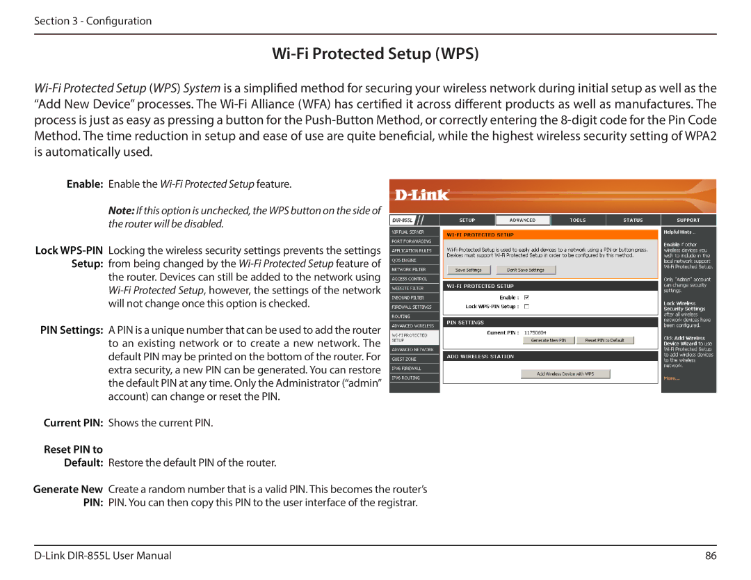 D-Link DIR855L manual Wi-Fi Protected Setup WPS, Reset PIN to 