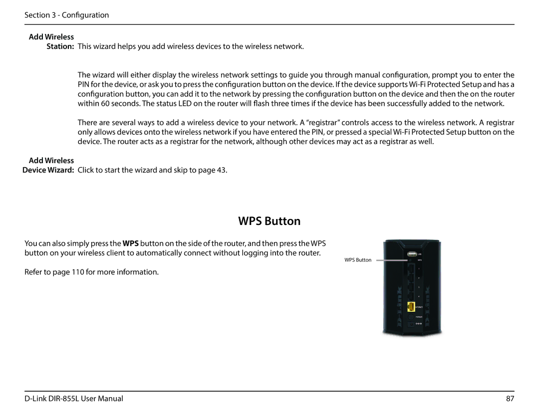 D-Link DIR855L manual WPS Button, Add Wireless 