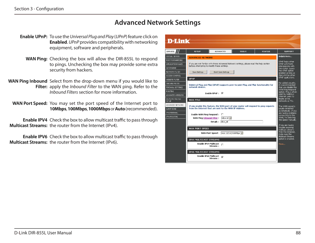 D-Link DIR855L manual Advanced Network Settings, Inbound Filters section for more information 