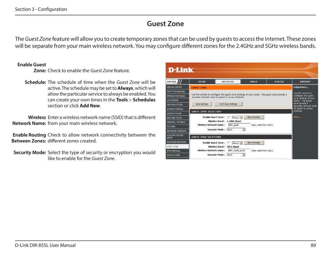 D-Link DIR855L manual Guest Zone, Enable Guest 