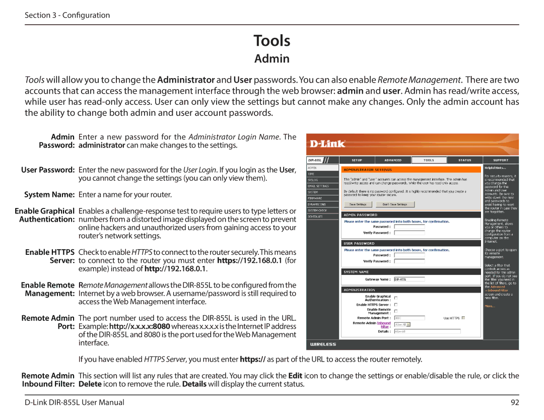D-Link DIR855L manual Tools, Admin 