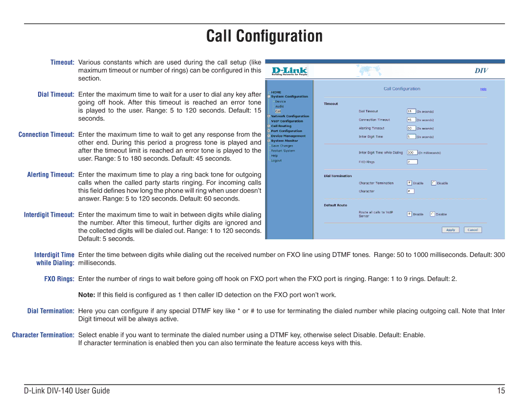 D-Link DIV-140 manual Call Configuration 