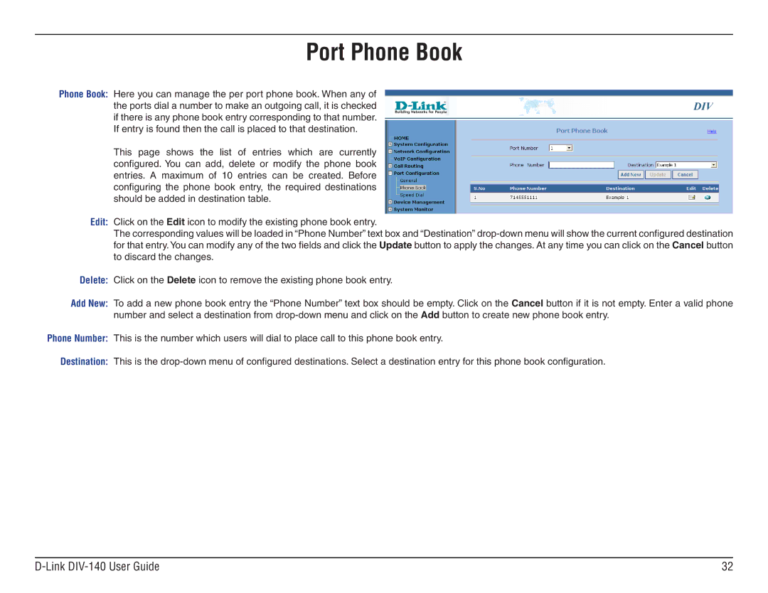 D-Link DIV-140 manual Port Phone Book 