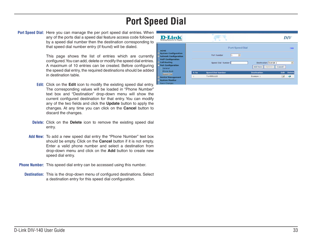 D-Link DIV-140 manual Port Speed Dial 