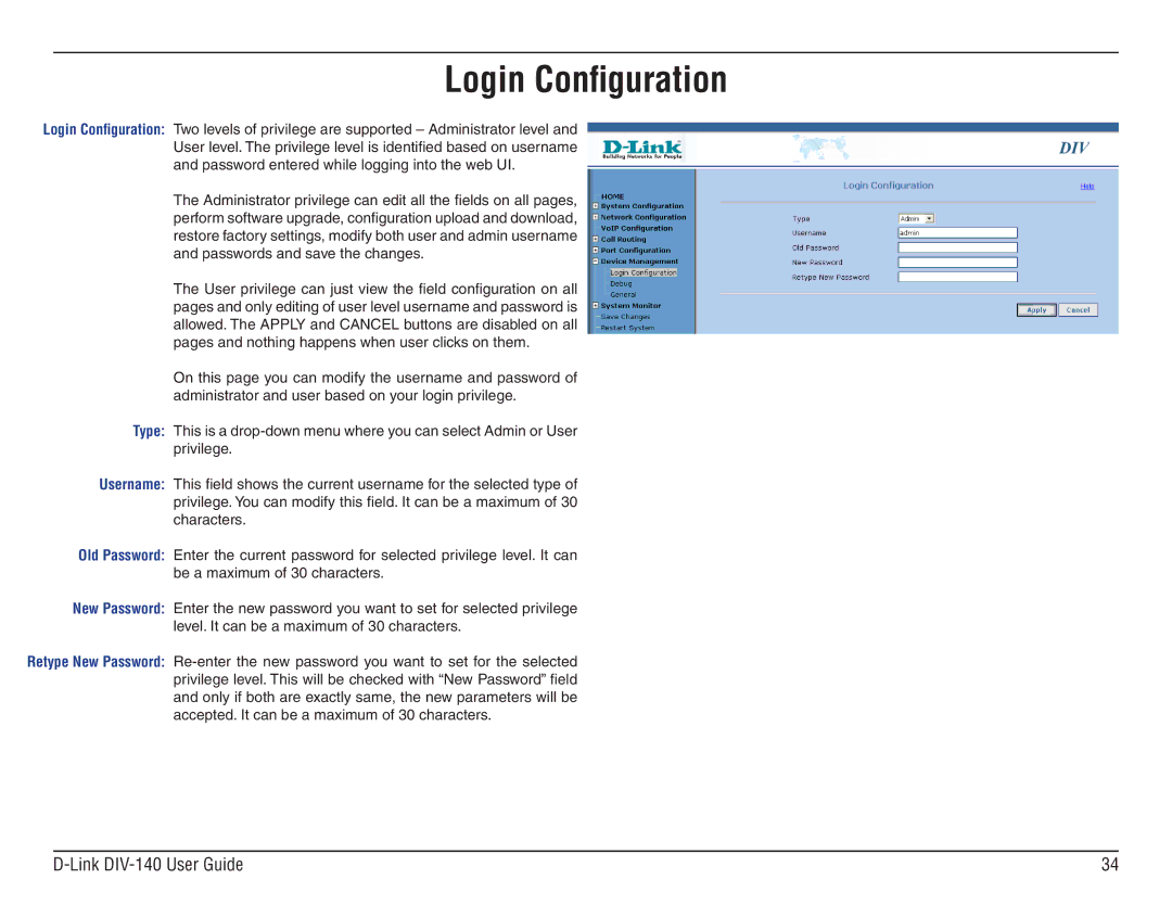 D-Link DIV-140 manual Login Configuration 