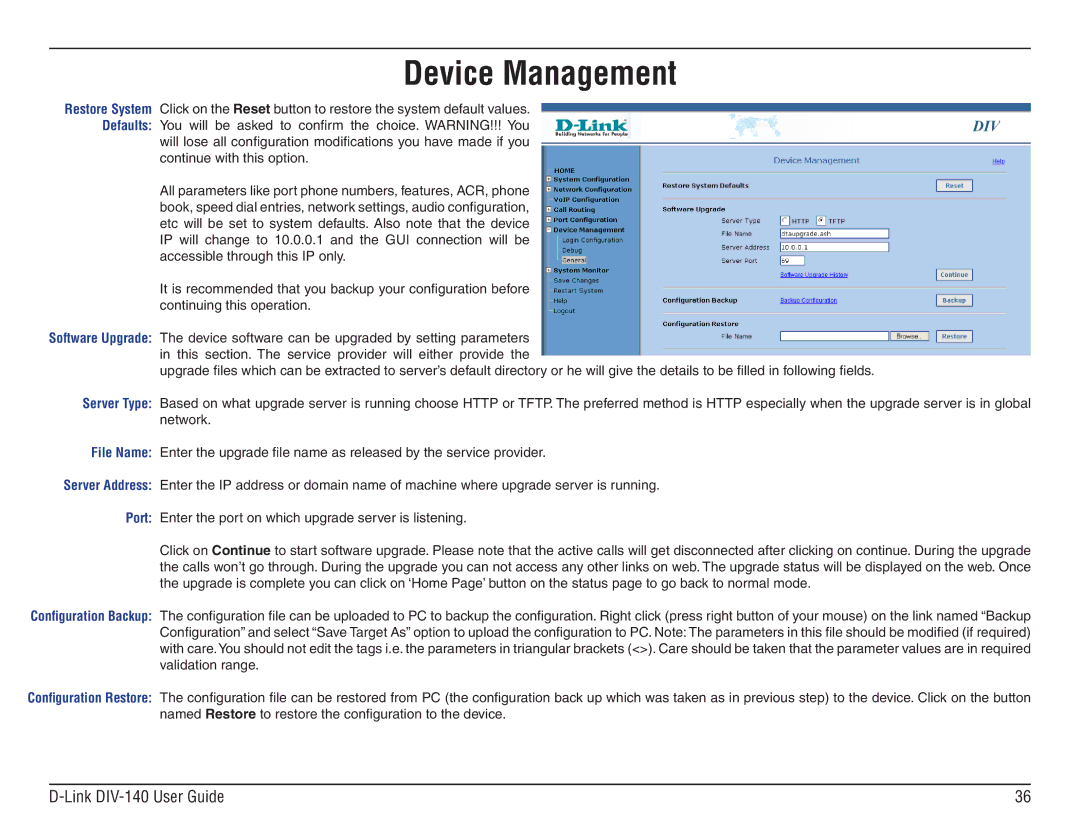 D-Link DIV-140 manual Device Management 