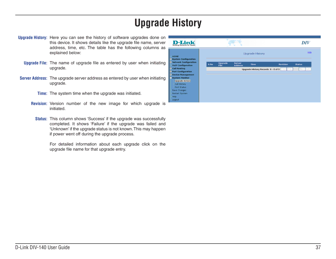 D-Link DIV-140 manual Upgrade History 