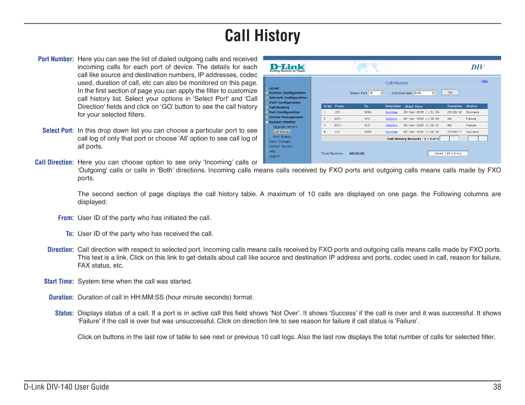 D-Link DIV-140 manual Call History 