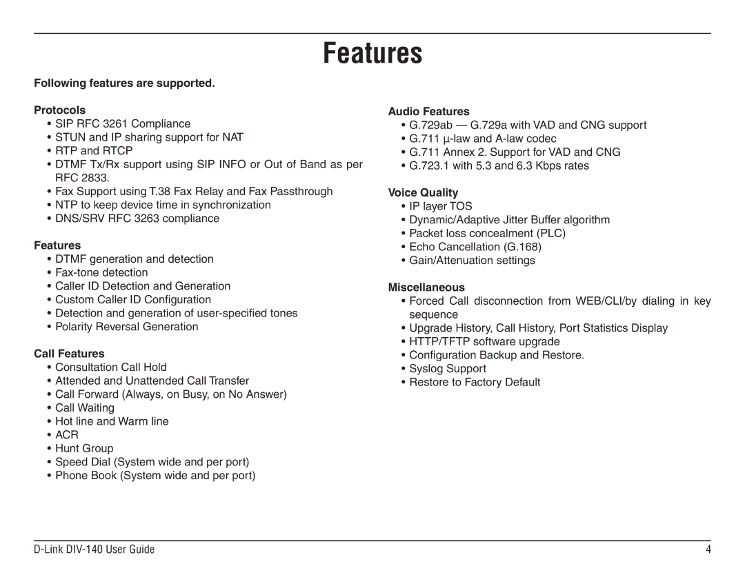 D-Link DIV-140 manual Features 