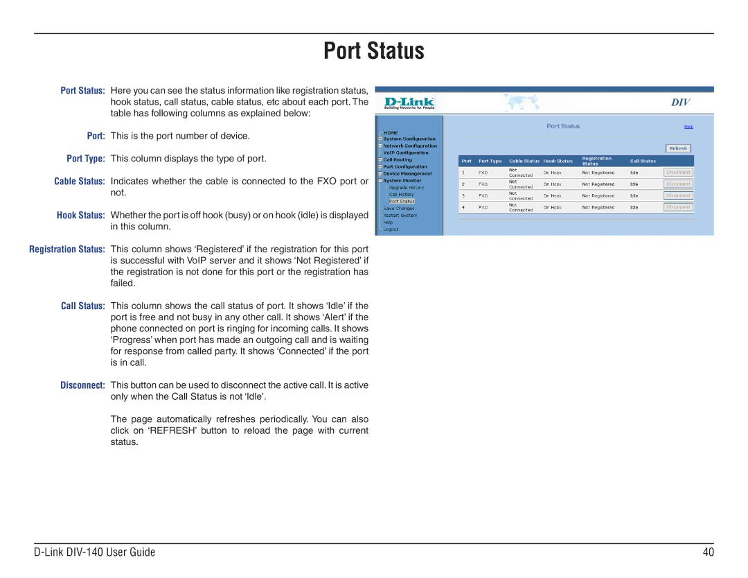 D-Link DIV-140 manual Port Status 