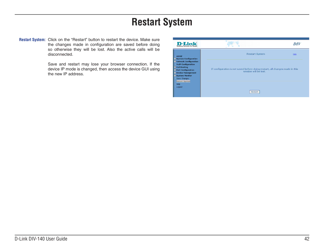 D-Link DIV-140 manual Restart System 