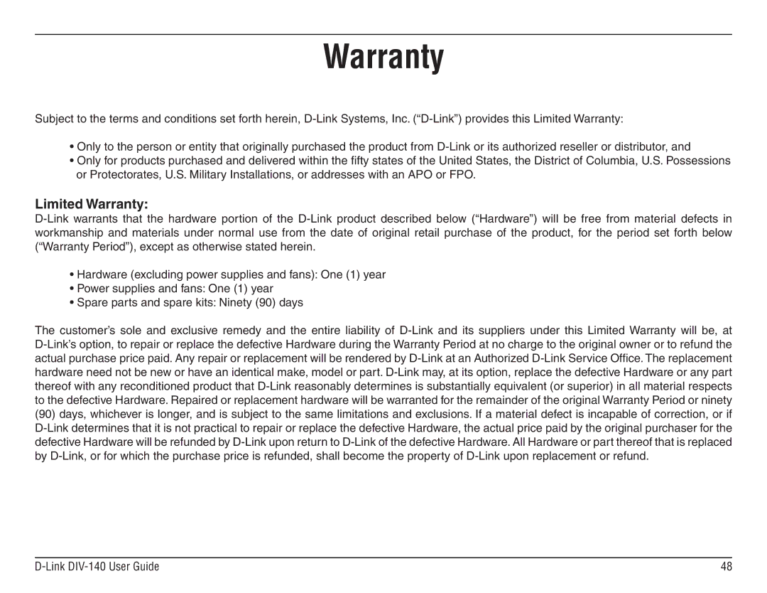 D-Link DIV-140 manual Limited Warranty 