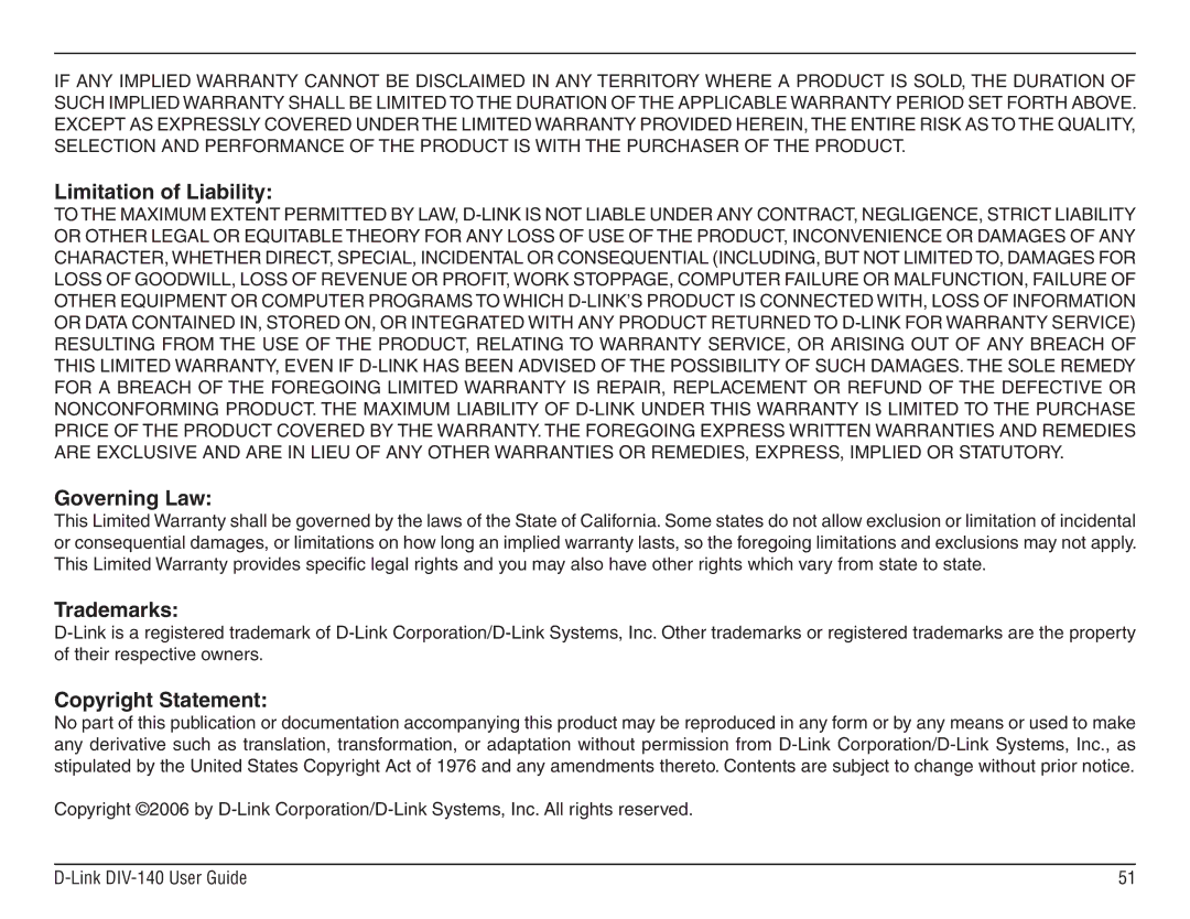 D-Link DIV-140 manual Limitation of Liability 