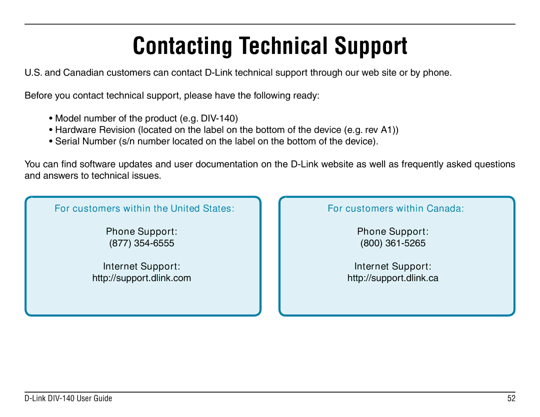 D-Link DIV-140 manual Contacting Technical Support, For customers within the United States 