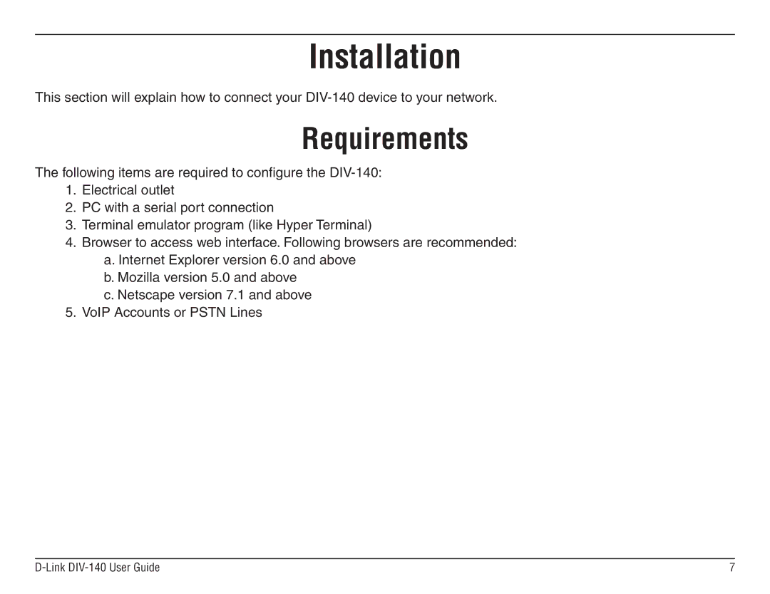 D-Link DIV-140 manual Installation, Requirements 