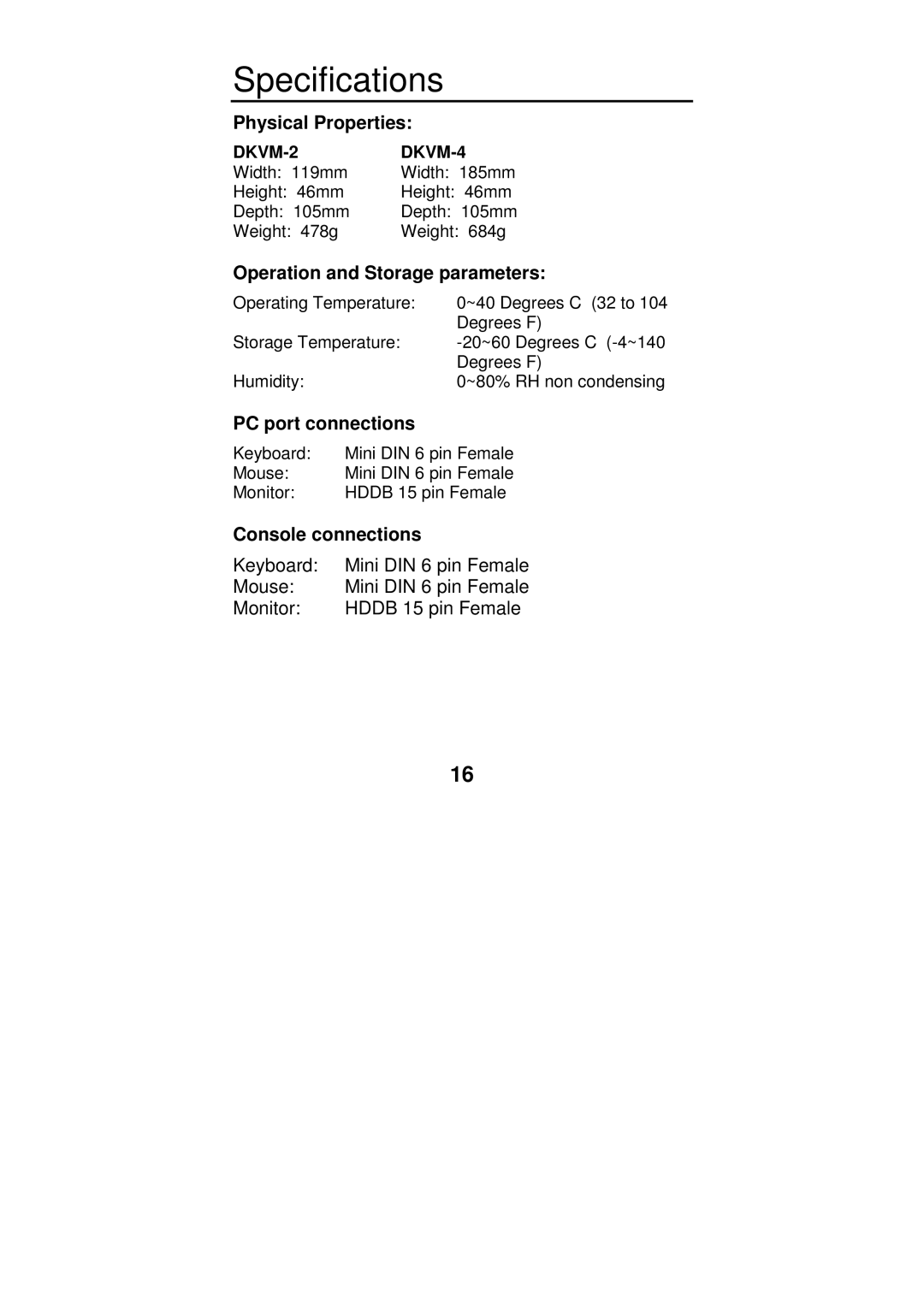 D-Link DKVM-2/4 user manual Specifications, Operation and Storage parameters 