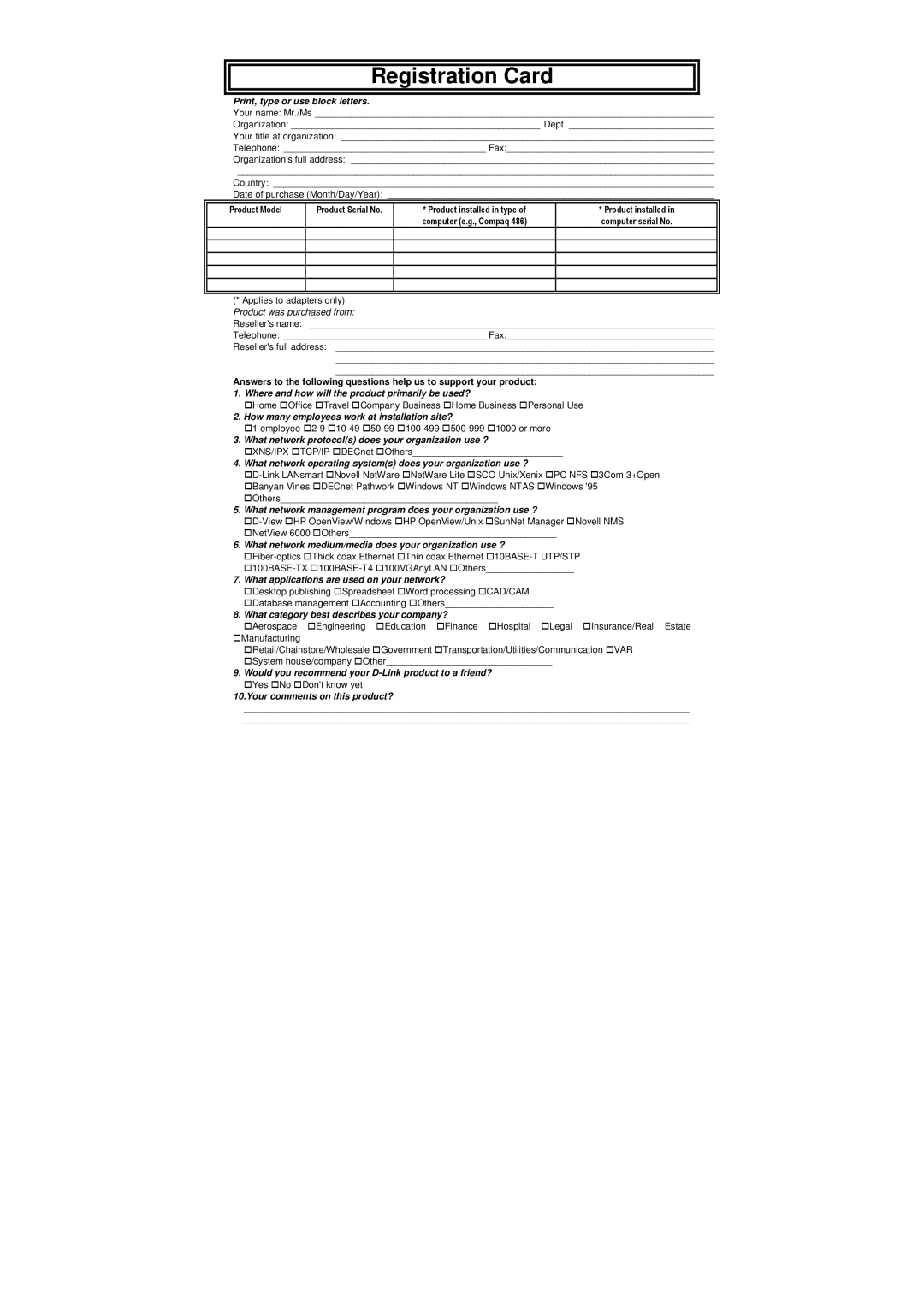 D-Link DKVM-2/4 user manual Registration Card 