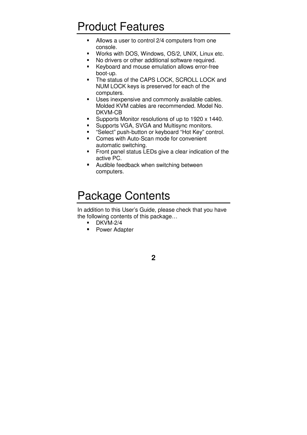 D-Link DKVM-2/4 user manual Product Features, Package Contents 