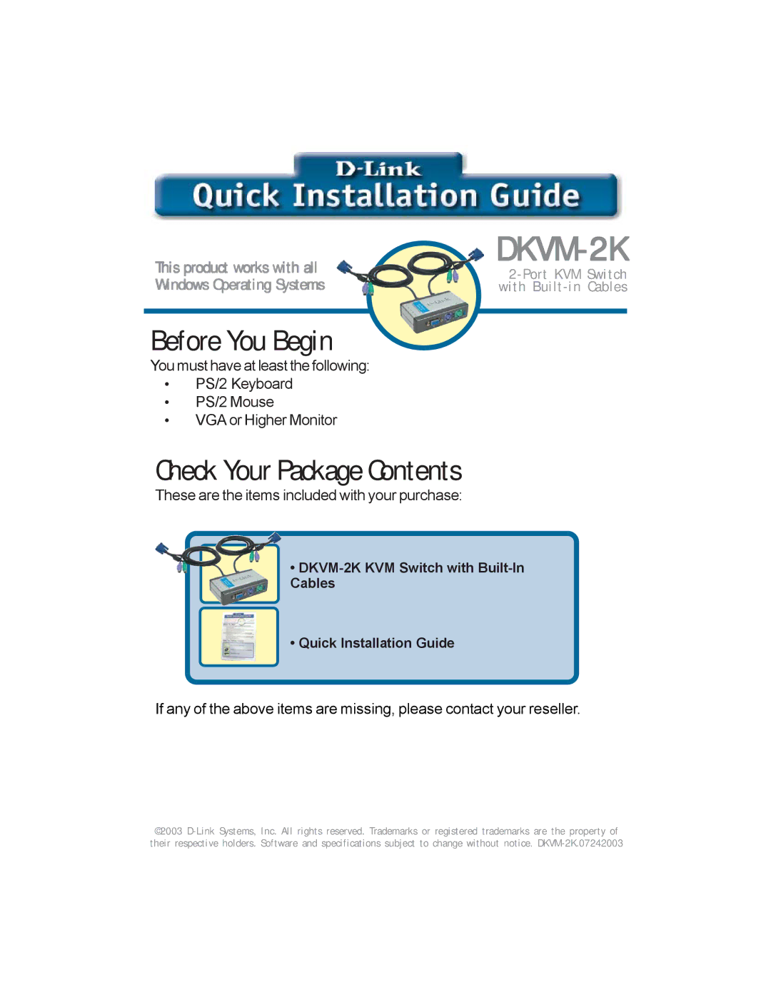 D-Link dkvm-2k specifications Before You Begin, Check Your Package Contents 